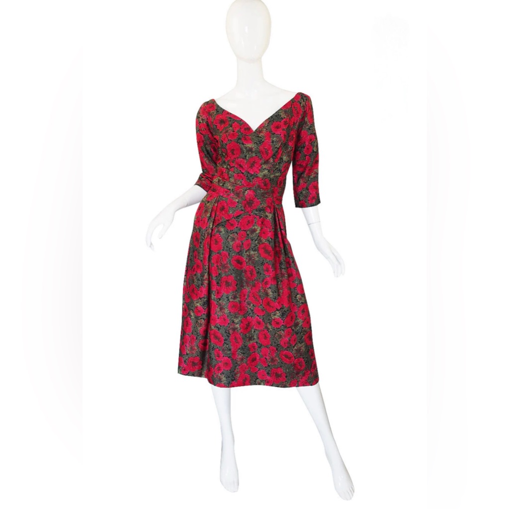 Suzy Perette Vintage 1950s Red Rose Silk Elegant Red Floral Dress 10